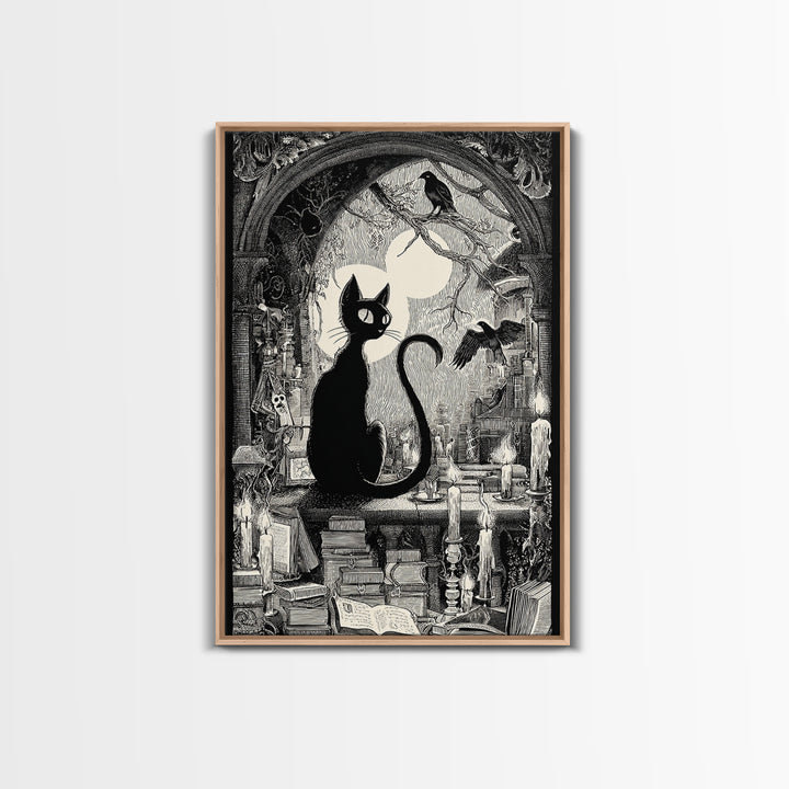 The Black Cat Familiar, Victorian Macabre Art, Vertical Wall Art, Dark Fantasy Wall Art, Framed Canvas Print, Halloween Wall Art