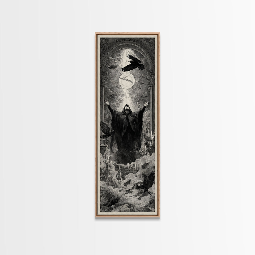 The Raven Keeper, Gothic Engraving Art, Tall Narrow Wall Art, Gothic Horror Wall Art, Canvas Print, Halloween Wall Art