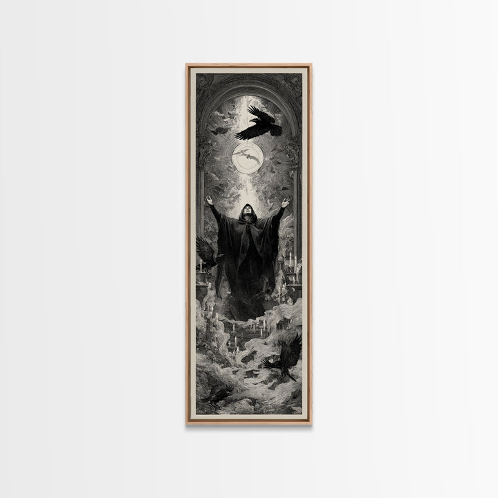The Raven Keeper, Gothic Engraving Art, Tall Narrow Wall Art, Gothic Horror Wall Art, Canvas Print, Halloween Wall Art