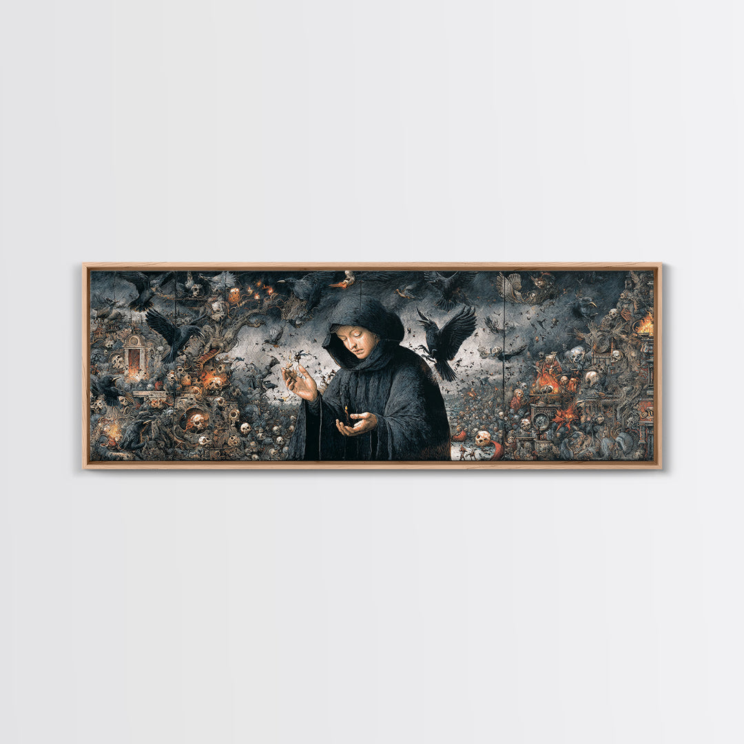 The Raven Keeper, Medieval Grotesque Art, Extra Wide Wall Art, Gothic Horror Wall Art, Framed Canvas Print, Halloween Wall Art