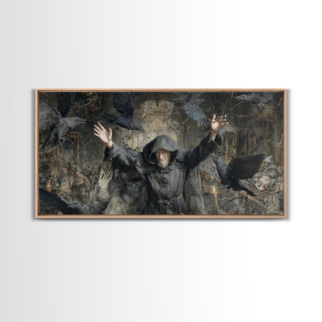 The Raven Keeper, Northern Renaissance Horror, Wide Panoramic Art, Dark Fantasy Wall Art, Canvas Print, Halloween Wall Art