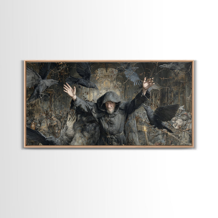 The Raven Keeper, Northern Renaissance Horror, Wide Panoramic Art, Dark Fantasy Wall Art, Canvas Print, Halloween Wall Art