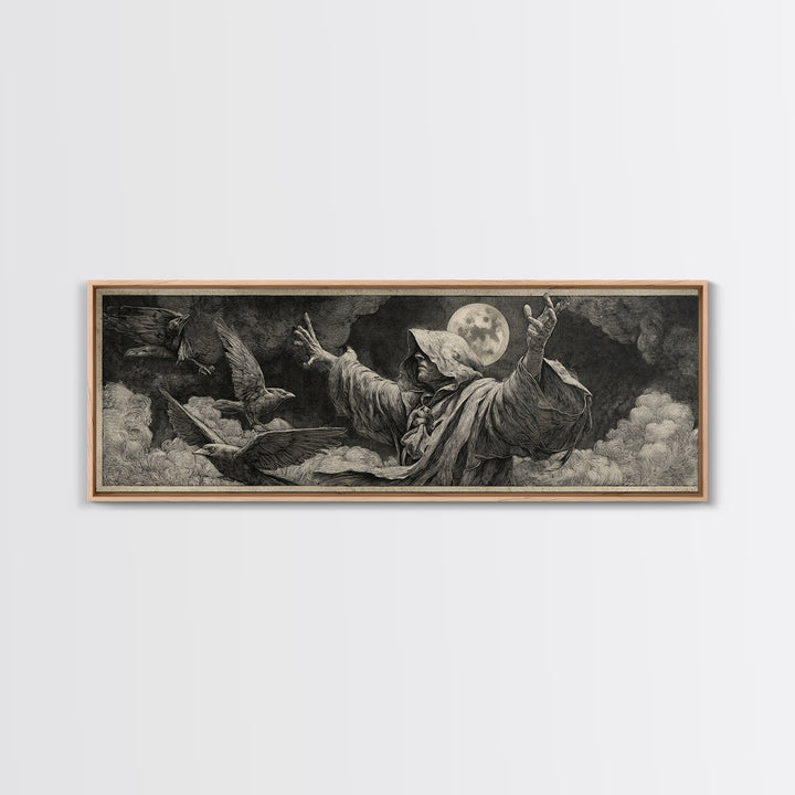 The Raven Keeper, Renaissance Engraving Art, Extra Wide Wall Art, Dark Halloween Decor, Framed Canvas Print, Halloween Wall Art