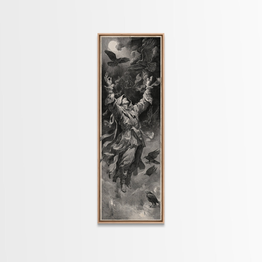 The Raven Keeper, Architectural Etching Art, Tall Narrow Wall Art, Dark Fantasy Wall Art, Canvas Print, Halloween Wall Art