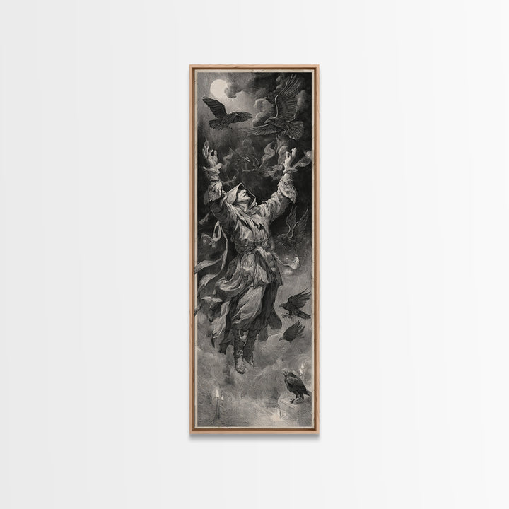 The Raven Keeper, Architectural Etching Art, Tall Narrow Wall Art, Dark Fantasy Wall Art, Canvas Print, Halloween Wall Art