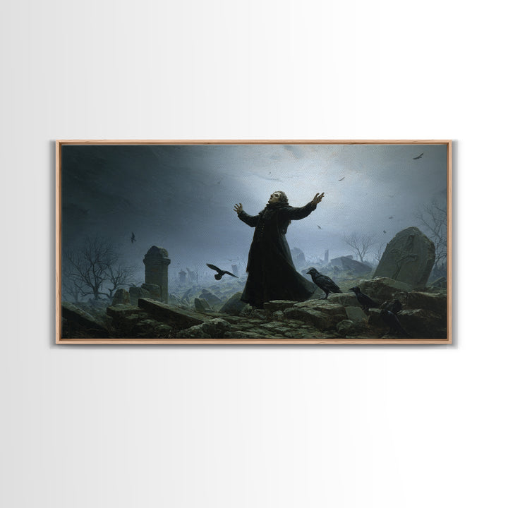 The Raven Keeper, Romantic Gothic Landscape, Wide Panoramic Art, Dark Halloween Decor, Framed Canvas Print, Halloween Wall Art
