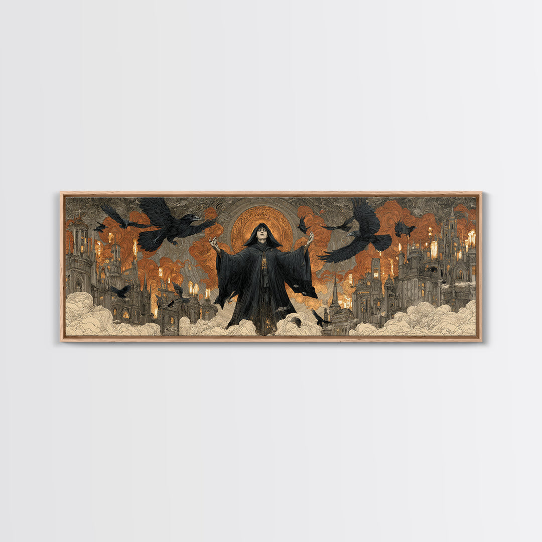 The Raven Keeper, Apocalyptic Romantic Art, Extra Wide Wall Art, Gothic Horror Wall Art, Canvas Print, Halloween Wall Art