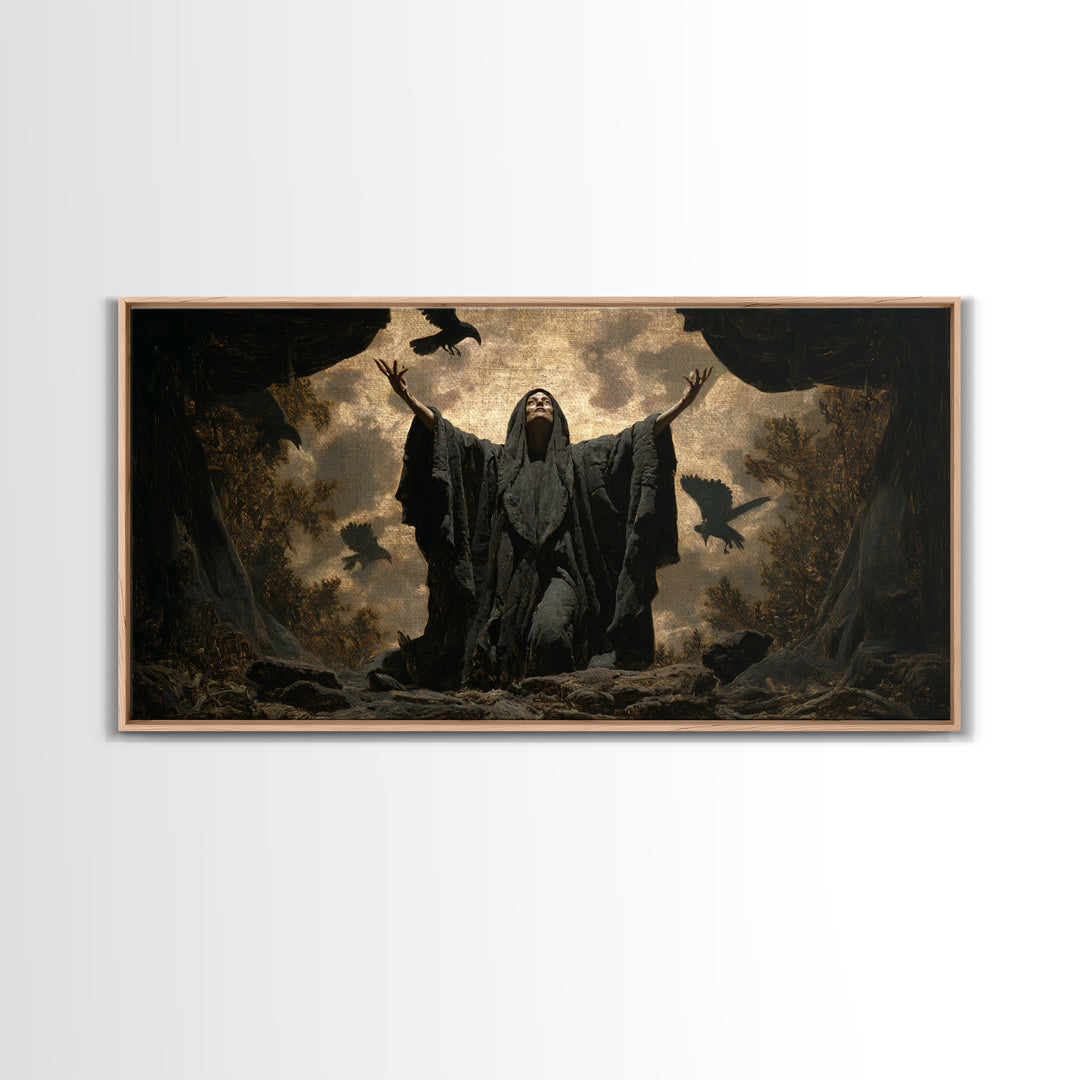 The Raven Keeper, Symbolist Gothic Landscape, Wide Panoramic Art, Dark Halloween Decor, Framed Canvas Print, Halloween Wall Art