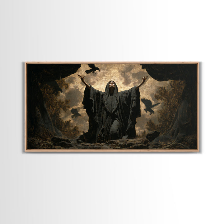 The Raven Keeper, Symbolist Gothic Landscape, Wide Panoramic Art, Dark Halloween Decor, Framed Canvas Print, Halloween Wall Art
