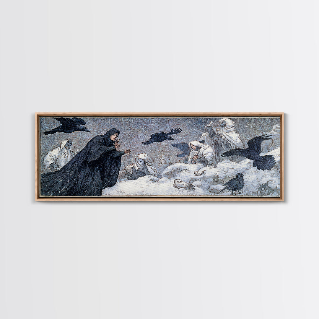 The Raven Keeper, Symbolist Death Art, Extra Wide Wall Art, Dark Halloween Decor, Canvas Print, Halloween Wall Art