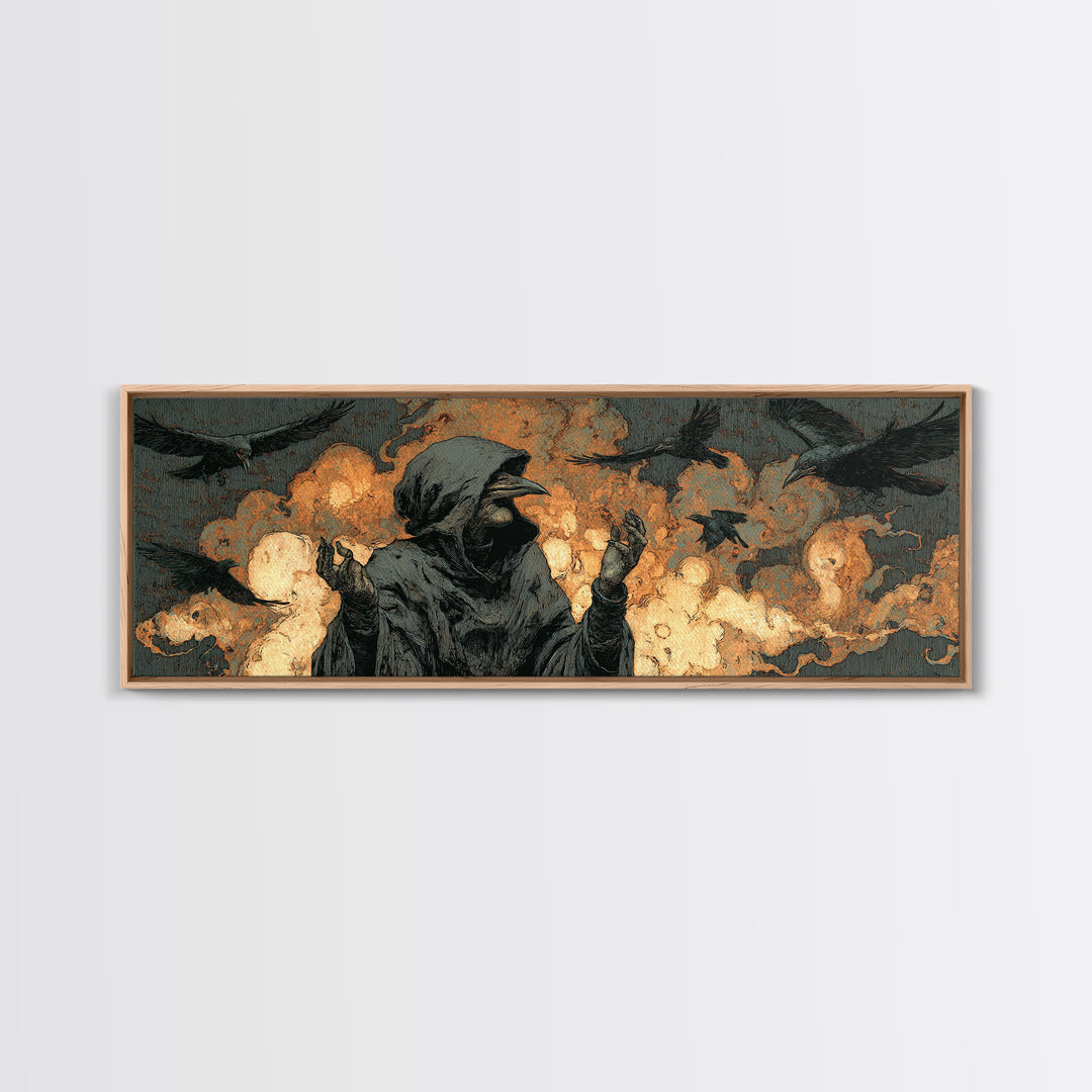 The Raven Keeper, Symbolist Etching Art, Extra Wide Wall Art, Dark Fantasy Wall Art, Canvas Print, Halloween Wall Art, Halloween Decor