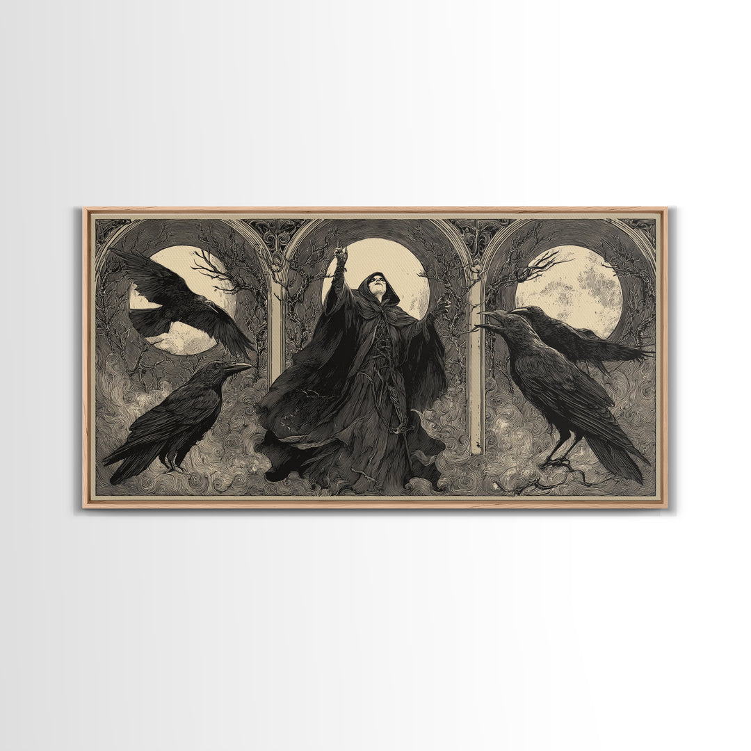 The Raven Keeper, Expressionist Nightmare Art, Wide Panoramic Art, Dark Halloween Decor, Framed Canvas Print, Halloween Wall Art