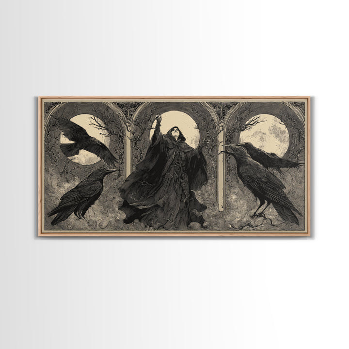 The Raven Keeper, Expressionist Nightmare Art, Wide Panoramic Art, Dark Halloween Decor, Framed Canvas Print, Halloween Wall Art