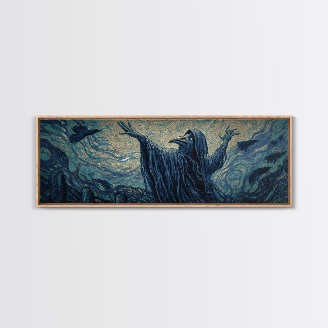The Raven Keeper, Expressionist Gothic Art, Extra Wide Wall Art, Dark Fantasy Wall Art, Canvas Print, Halloween Wall Art