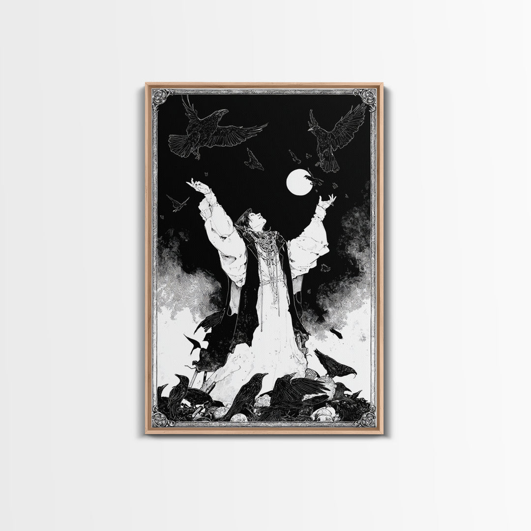 The Raven Keeper, Decadent Line Art, Vertical Wall Art, Macabre Wall Art, Canvas Print, Halloween Wall Art, Halloween Decor