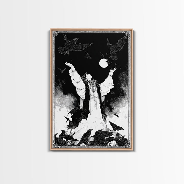 The Raven Keeper, Decadent Line Art, Vertical Wall Art, Macabre Wall Art, Canvas Print, Halloween Wall Art, Halloween Decor