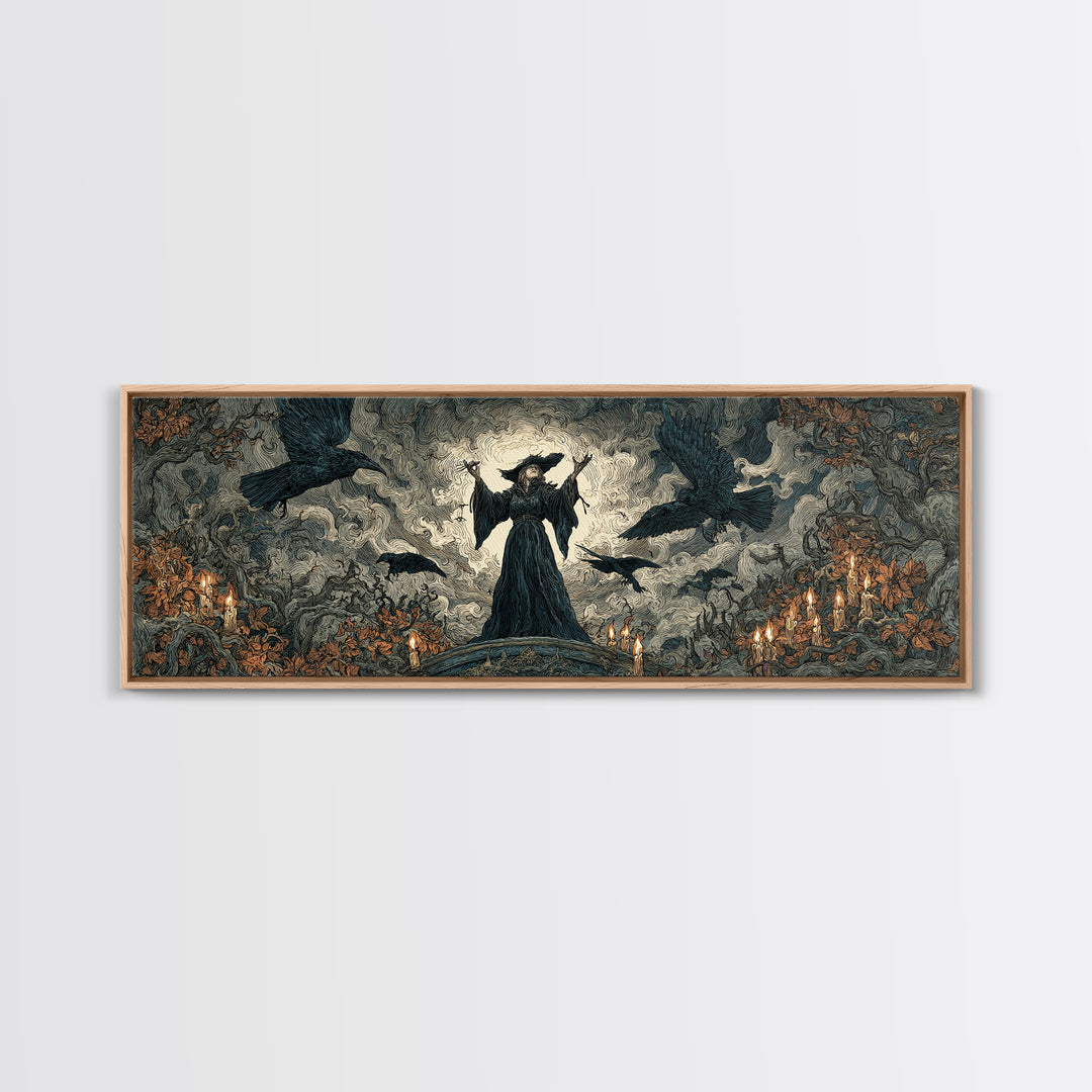 The Raven Keeper, Gothic Storybook Art, Extra Wide Wall Art, Gothic Horror Wall Art, Framed Canvas Print, Halloween Wall Art