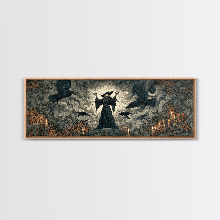 The Raven Keeper, Gothic Storybook Art, Extra Wide Wall Art, Gothic Horror Wall Art, Framed Canvas Print, Halloween Wall Art