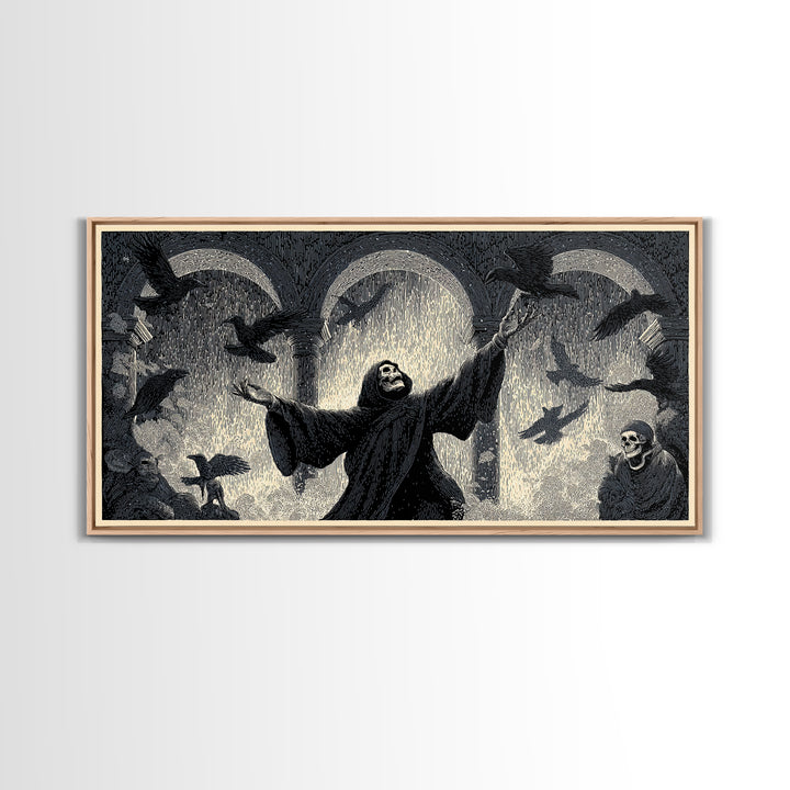 The Raven Keeper, Macabre Folk Print Art, Wide Panoramic Art, Dark Fantasy Wall Art, Canvas Print, Halloween Wall Art