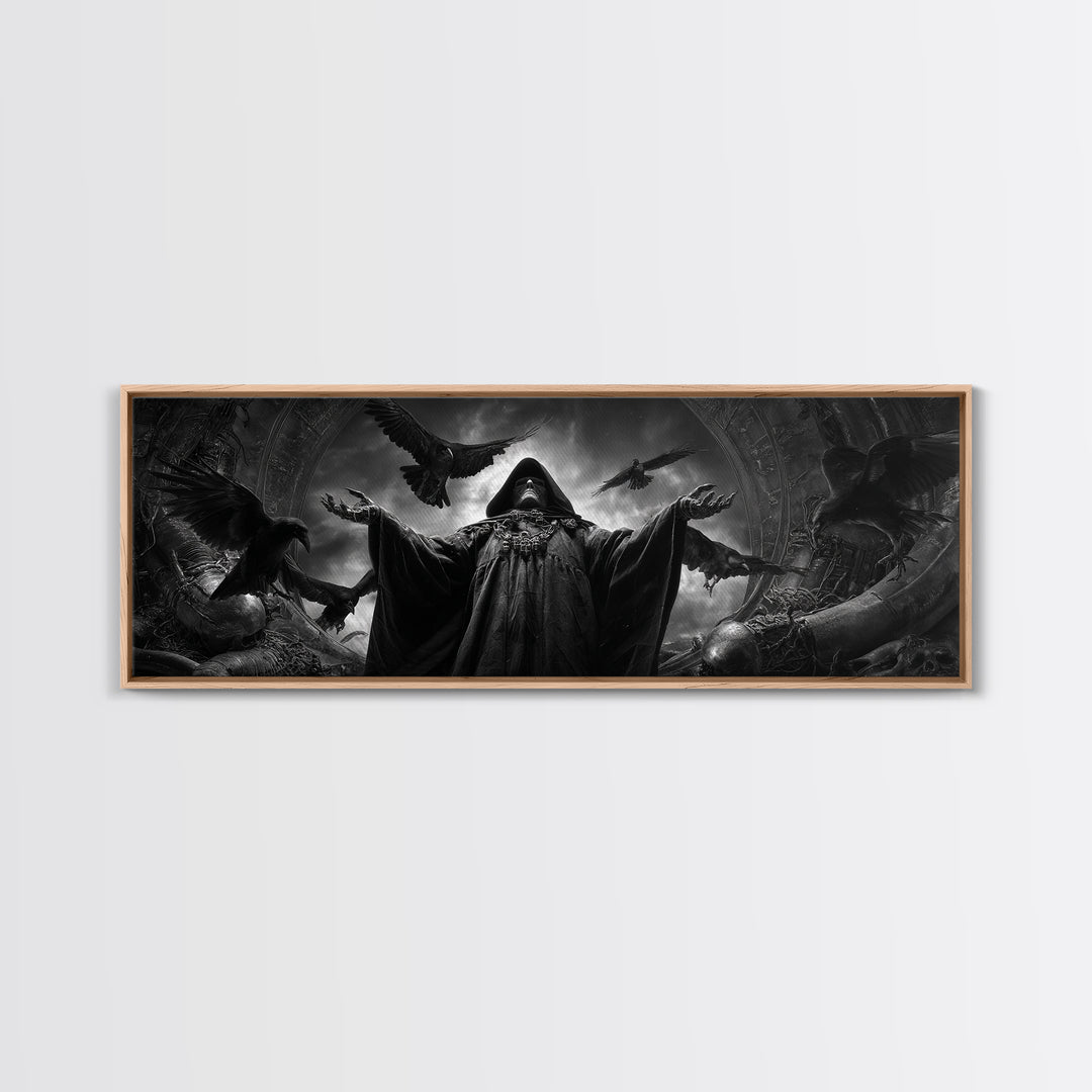The Raven Keeper, Biomechanical Horror Art, Extra Wide Wall Art, Gothic Horror Wall Art, Canvas Print, Halloween Wall Art