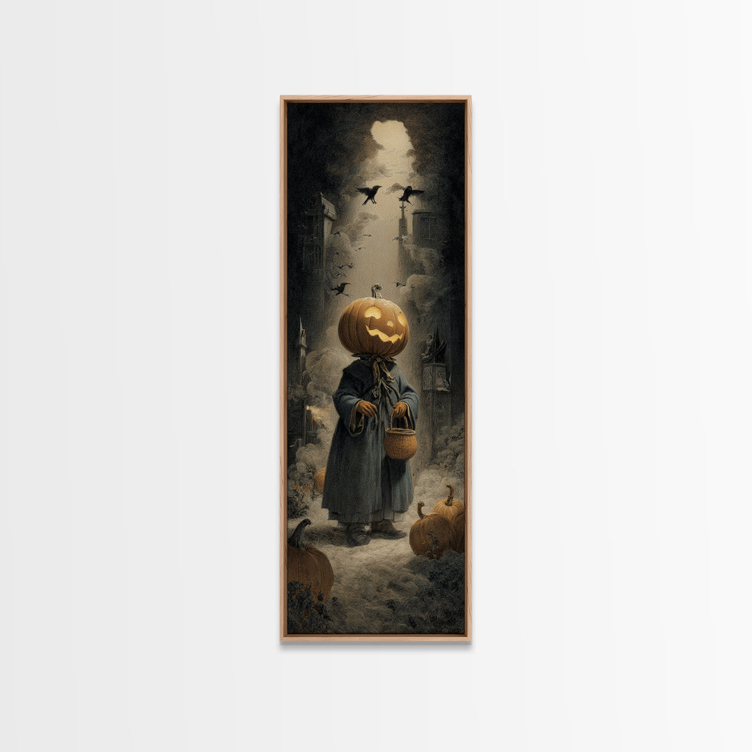 The Pumpkin-Headed Child, Gothic Engraving Art, Tall Narrow Wall Art, Gothic Horror Wall Art, Framed Canvas Print, Halloween Wall Art