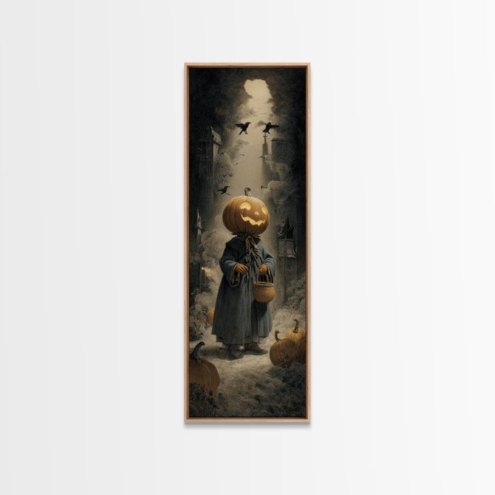 The Pumpkin-Headed Child, Gothic Engraving Art, Tall Narrow Wall Art, Gothic Horror Wall Art, Framed Canvas Print, Halloween Wall Art