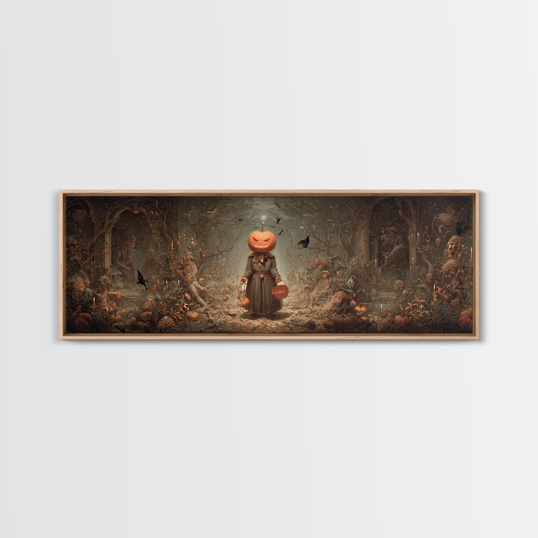 The Pumpkin-Headed Child, Medieval Grotesque Art, Extra Wide Wall Art, Macabre Wall Art, Canvas Print, Halloween Wall Art