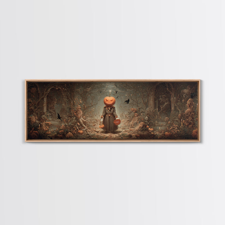 The Pumpkin-Headed Child, Medieval Grotesque Art, Extra Wide Wall Art, Macabre Wall Art, Canvas Print, Halloween Wall Art