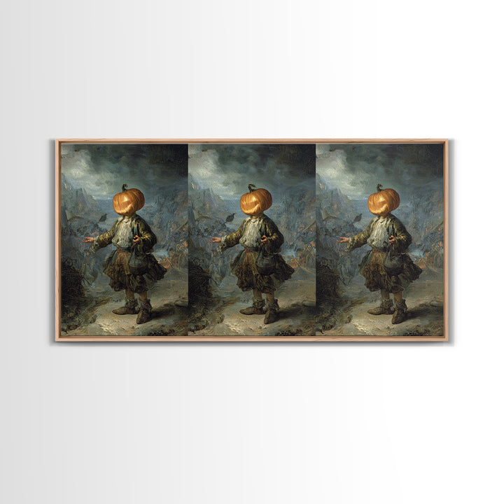 The Pumpkin-Headed Child, Northern Renaissance Horror, Wide Panoramic Art, Dark Fantasy Wall Art, Framed Canvas Print