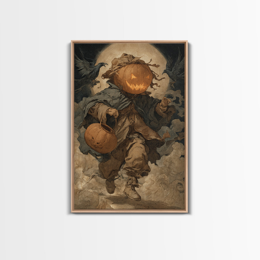 The Pumpkin-Headed Child, Dark Renaissance Art, Vertical Wall Art, Dark Fantasy Wall Art, Framed Canvas Print, Halloween Wall Art