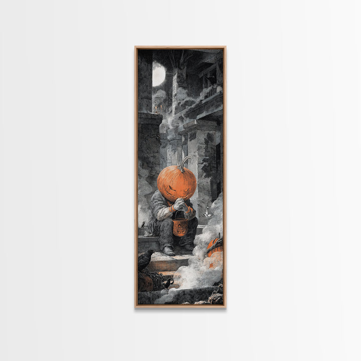 The Pumpkin-Headed Child, Architectural Etching Art, Tall Narrow Wall Art, Macabre Wall Art, Canvas Print, Halloween Wall Art