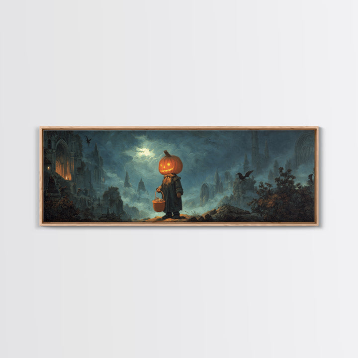 The Pumpkin-Headed Child, Apocalyptic Romantic Art, Extra Wide Wall Art, Gothic Horror Wall Art, Canvas Print, Halloween Wall Art