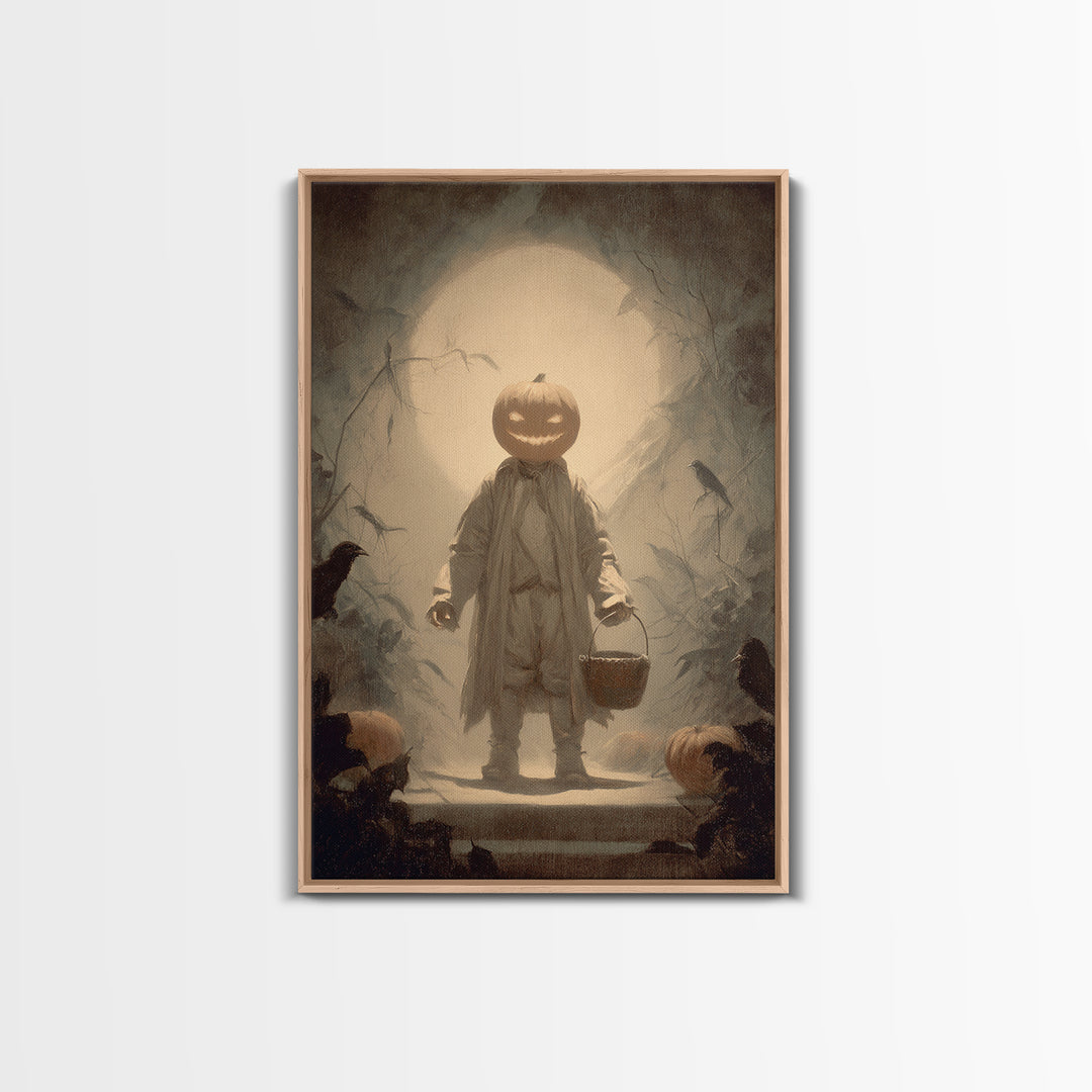 The Pumpkin-Headed Child, Symbolist Dream Art, Vertical Wall Art, Dark Fantasy Wall Art, Framed Canvas Print, Halloween Wall Art