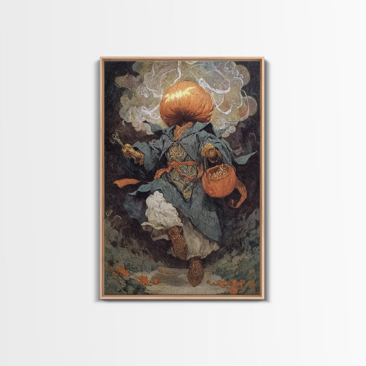 The Pumpkin-Headed Child, Ornate Symbolist Art, Vertical Wall Art, Dark Halloween Decor, Framed Canvas Print, Halloween Wall Art