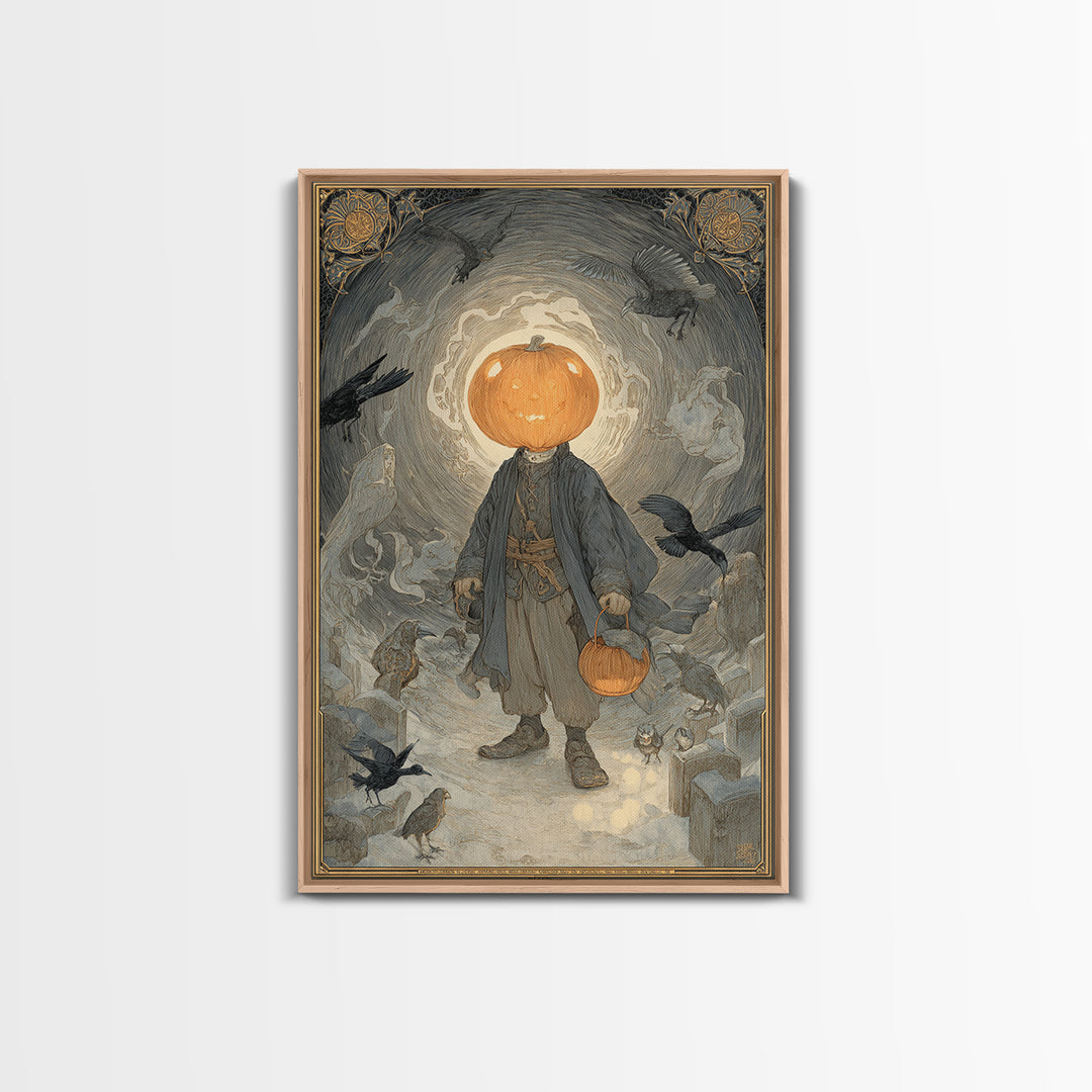 The Pumpkin-Headed Child, Symbolist Death Art, Vertical Wall Art, Dark Fantasy Wall Art, Framed Canvas Print, Halloween Wall Art