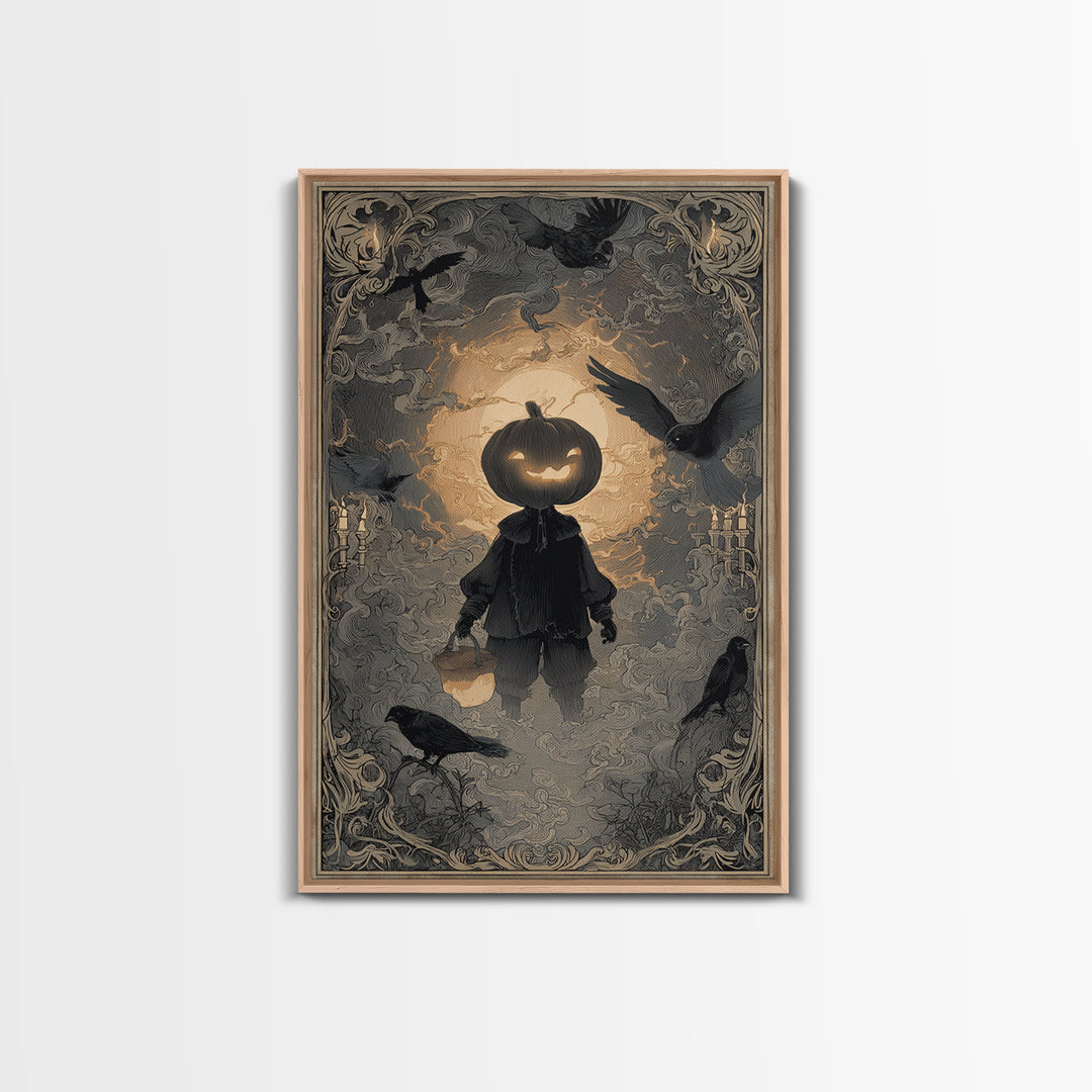 The Pumpkin-Headed Child, Decadent Line Art, Vertical Wall Art, Dark Halloween Decor, Canvas Print, Halloween Wall Art