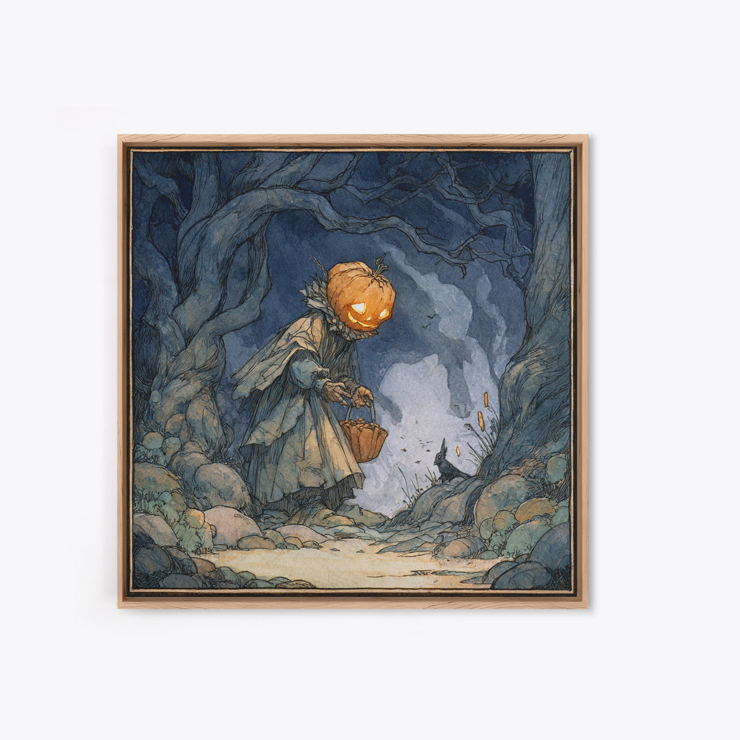 The Pumpkin-Headed Child, Gothic Storybook Art, Square Wall Art, Dark Fantasy Wall Art, Framed Canvas Print, Halloween Wall Art