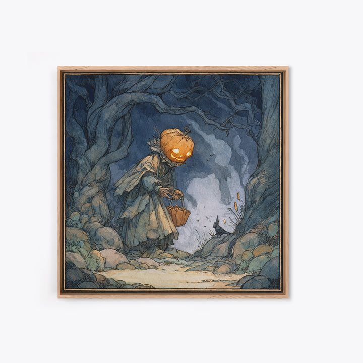 The Pumpkin-Headed Child, Gothic Storybook Art, Square Wall Art, Dark Fantasy Wall Art, Framed Canvas Print, Halloween Wall Art