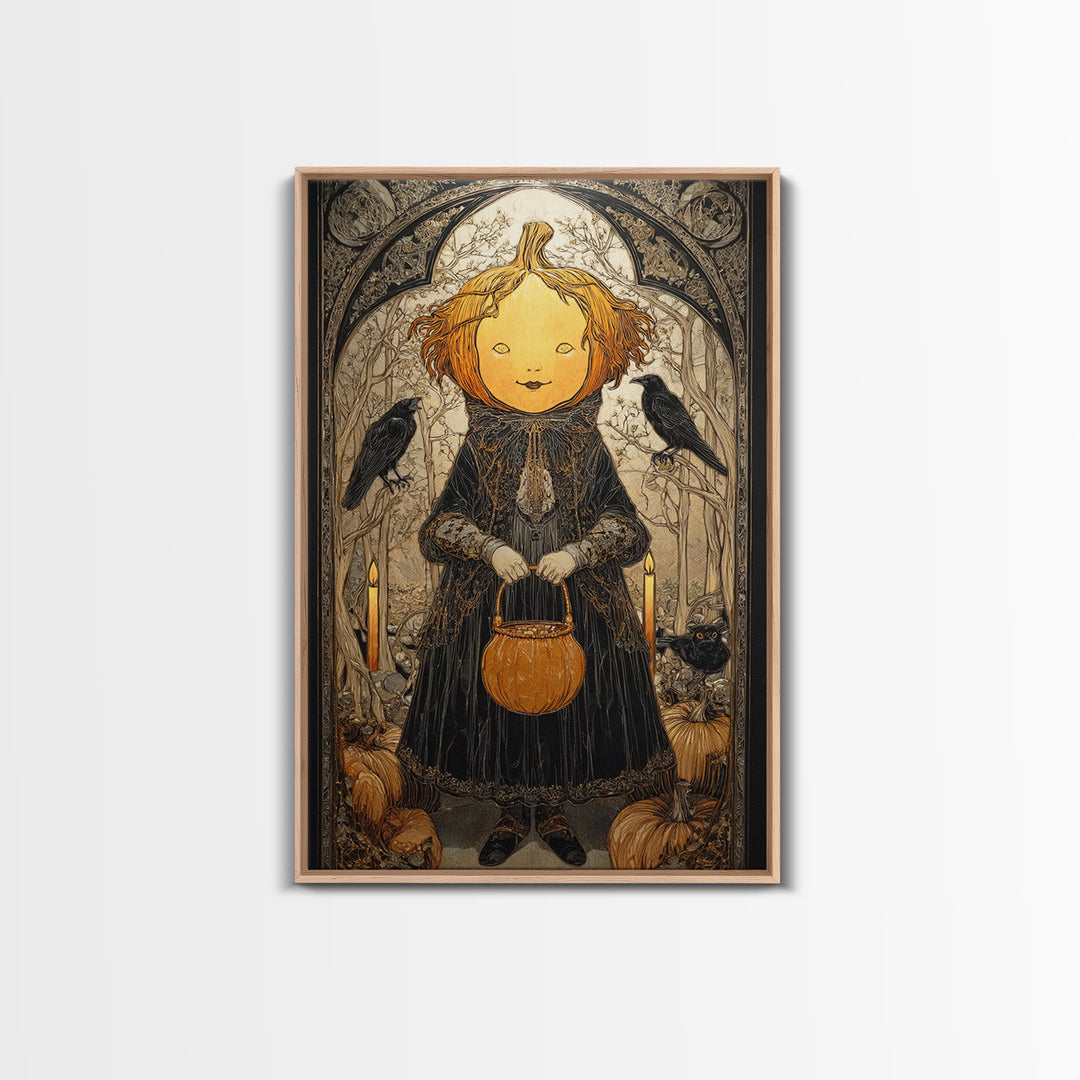 The Pumpkin-Headed Child, Stained Glass Gothic Art, Vertical Wall Art, Dark Fantasy Wall Art, Framed Canvas Print, Halloween Wall Art
