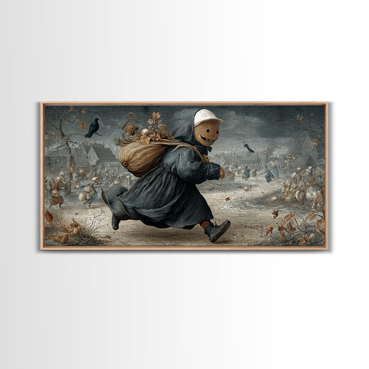 The Masked Candy Collector, Northern Renaissance Horror, Wide Panoramic Art, Gothic Horror Wall Art, Framed Canvas Print