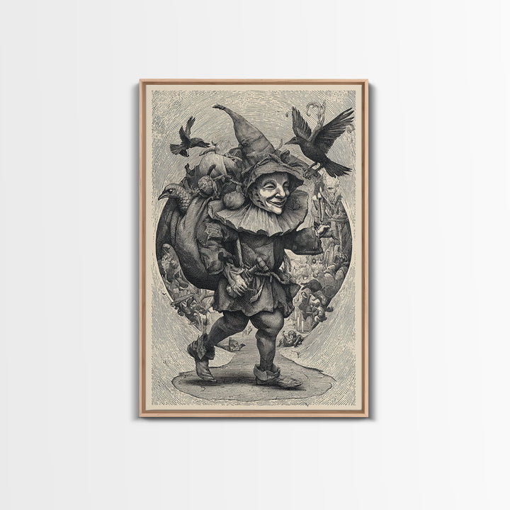 The Masked Candy Collector, Renaissance Engraving Art, Vertical Wall Art, Gothic Horror Wall Art, Framed Canvas Print, Halloween Wall Art