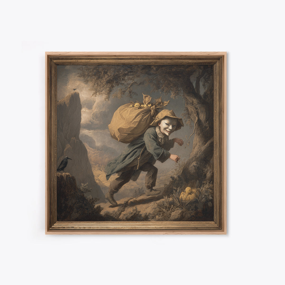 The Masked Candy Collector, Baroque Witchcraft Art, Square Wall Art, Dark Halloween Decor, Framed Canvas Print, Halloween Wall Art
