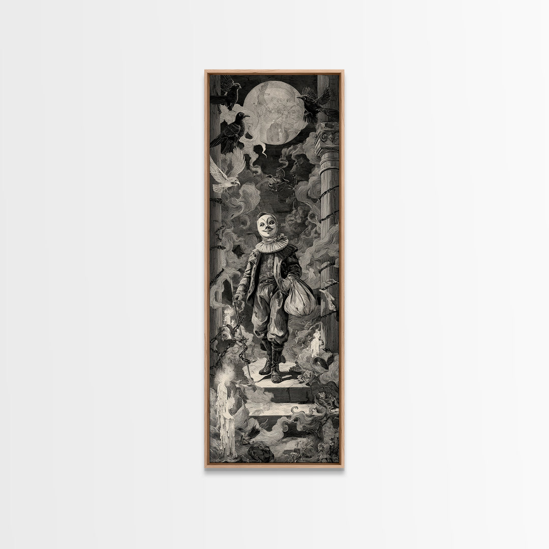 The Masked Candy Collector, Architectural Etching Art, Tall Narrow Wall Art, Dark Halloween Decor, Canvas Print