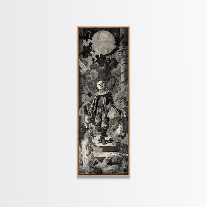 The Masked Candy Collector, Architectural Etching Art, Tall Narrow Wall Art, Dark Halloween Decor, Canvas Print