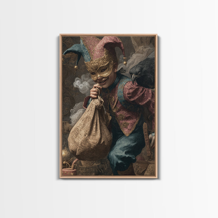 The Masked Candy Collector, Ornate Symbolist Art, Vertical Wall Art, Dark Fantasy Wall Art, Framed Canvas Print, Halloween Wall Art