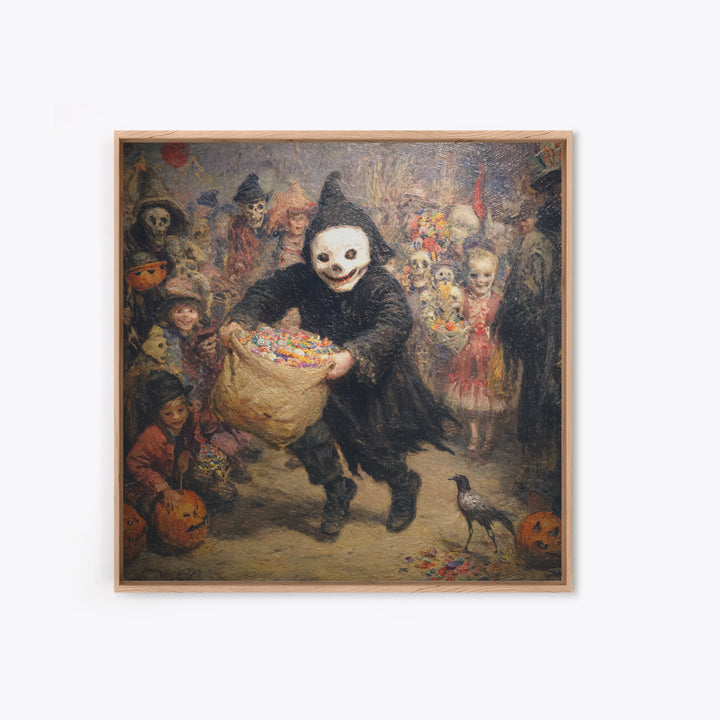 The Masked Candy Collector, Grotesque Carnival Art, Square Wall Art, Macabre Wall Art, Canvas Print, Halloween Wall Art, Dark Fantasy Art