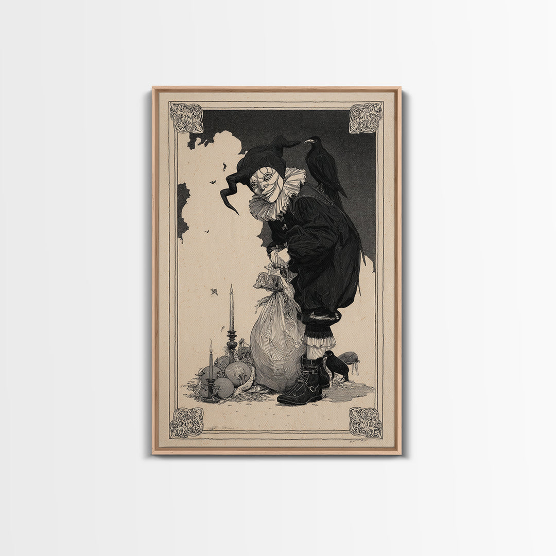 The Masked Candy Collector, Decadent Line Art, Vertical Wall Art, Macabre Wall Art, Canvas Print, Halloween Wall Art