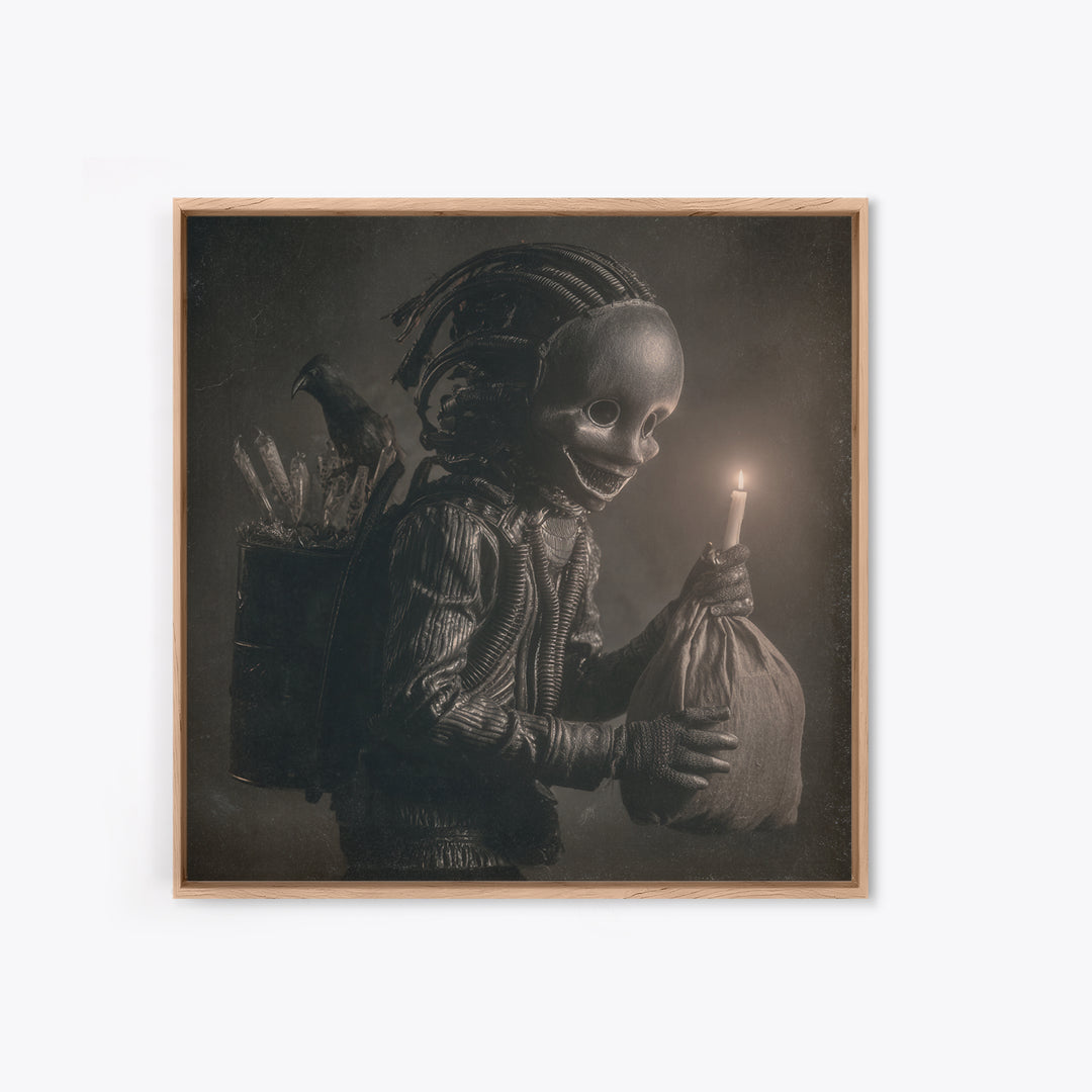 The Masked Candy Collector, Biomechanical Horror Art, Square Wall Art, Dark Halloween Decor, Framed Canvas Print, Halloween Wall Art