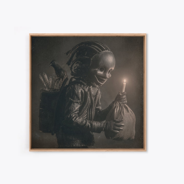 The Masked Candy Collector, Biomechanical Horror Art, Square Wall Art, Dark Halloween Decor, Framed Canvas Print, Halloween Wall Art