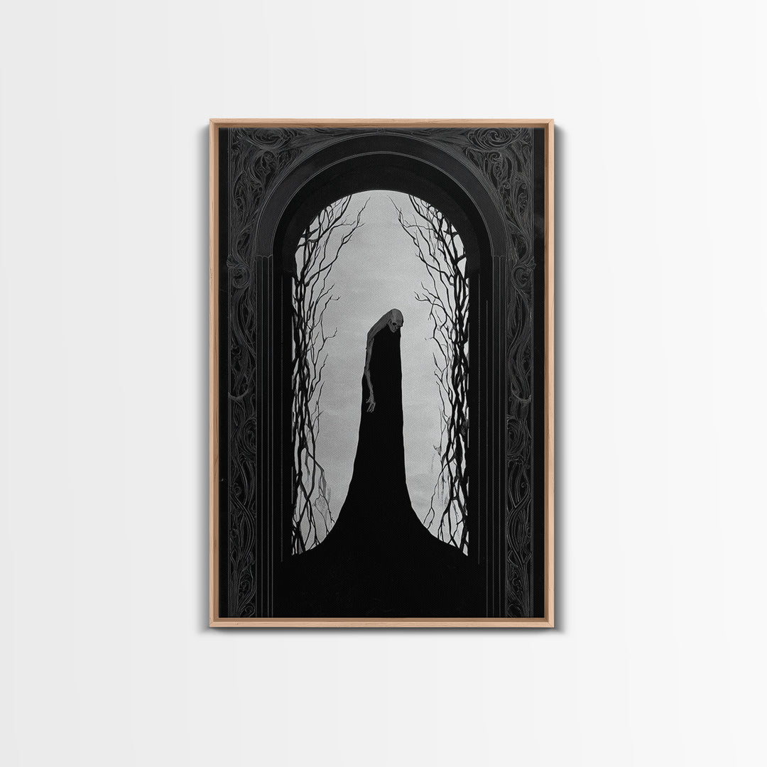 The Shadow Person, Decadent Line Art, Vertical Wall Art, Dark Halloween Decor, Framed Canvas Print, Halloween Wall Art